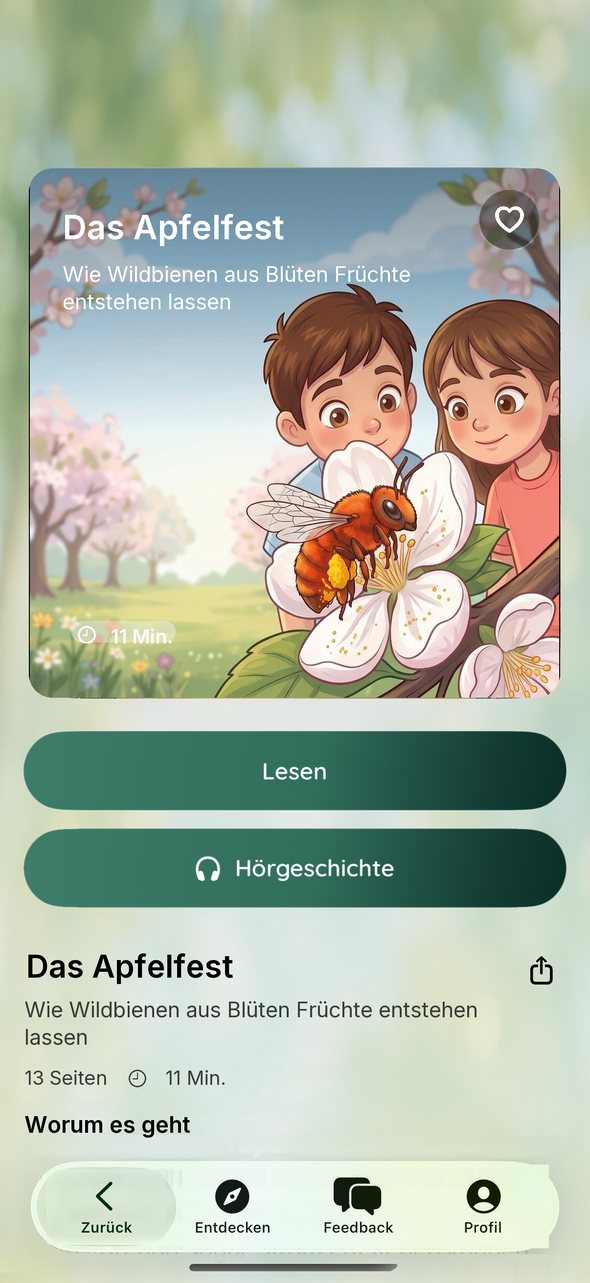 Buchseite „Das Apfelfest“ mit Lesen und Hörgeschichte